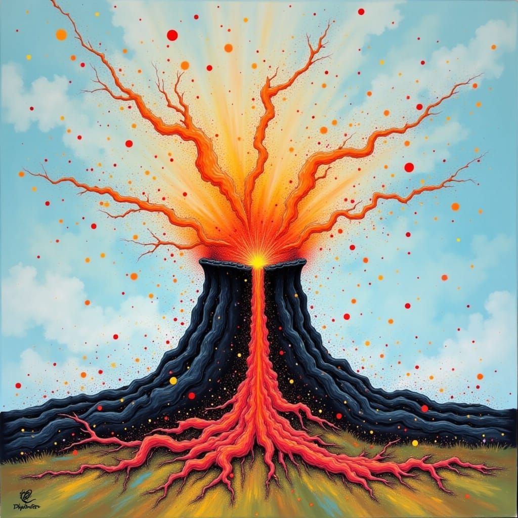 <lora:SPARKLE SPLAT POINT:1.0>  gouache on artist board, volcano, style of Charley Harper