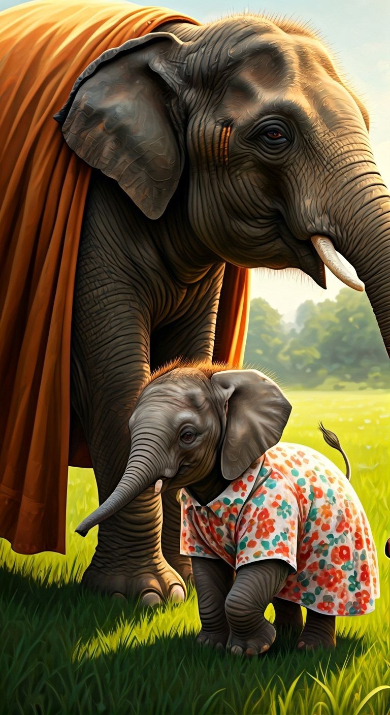 Elephants in Floral Attire in Dreamy Landscape