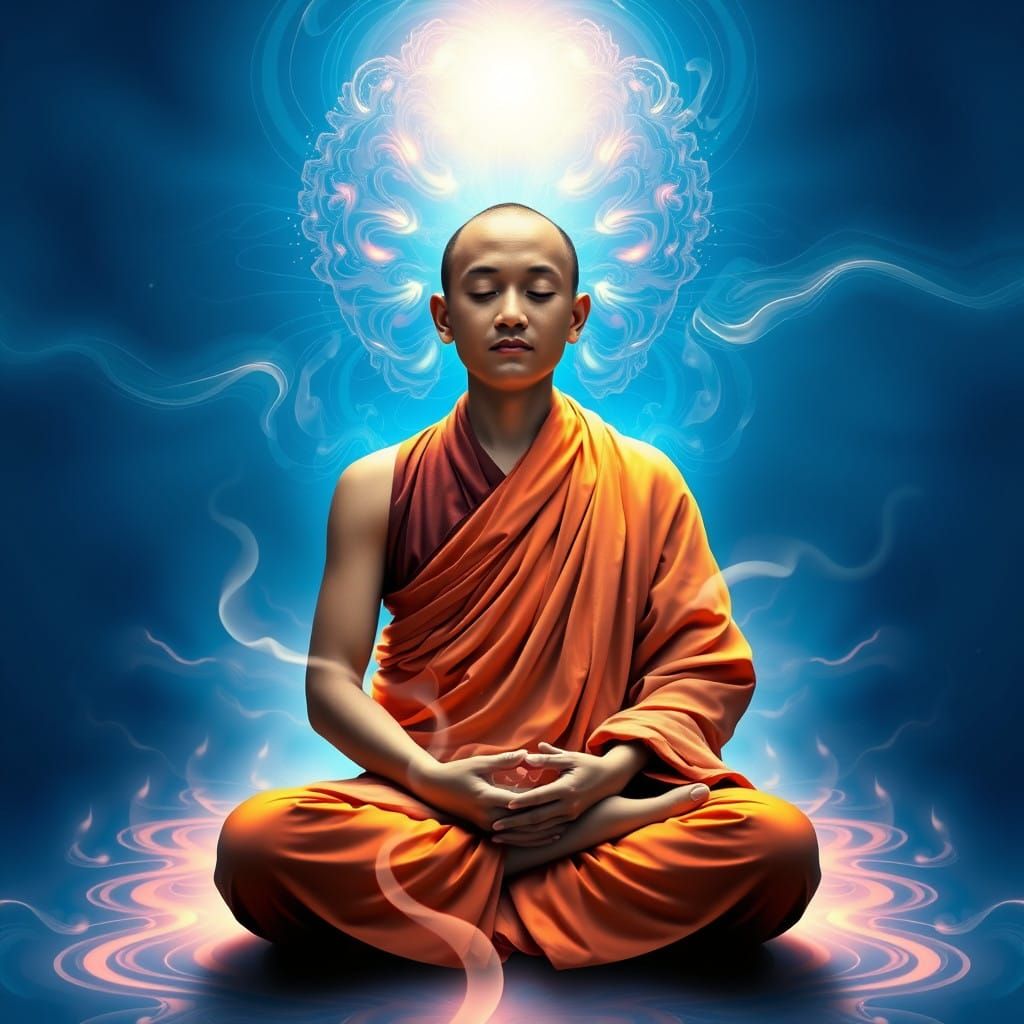 Buddhist Monk in Deep Meditation with Vibrant Light Patterns