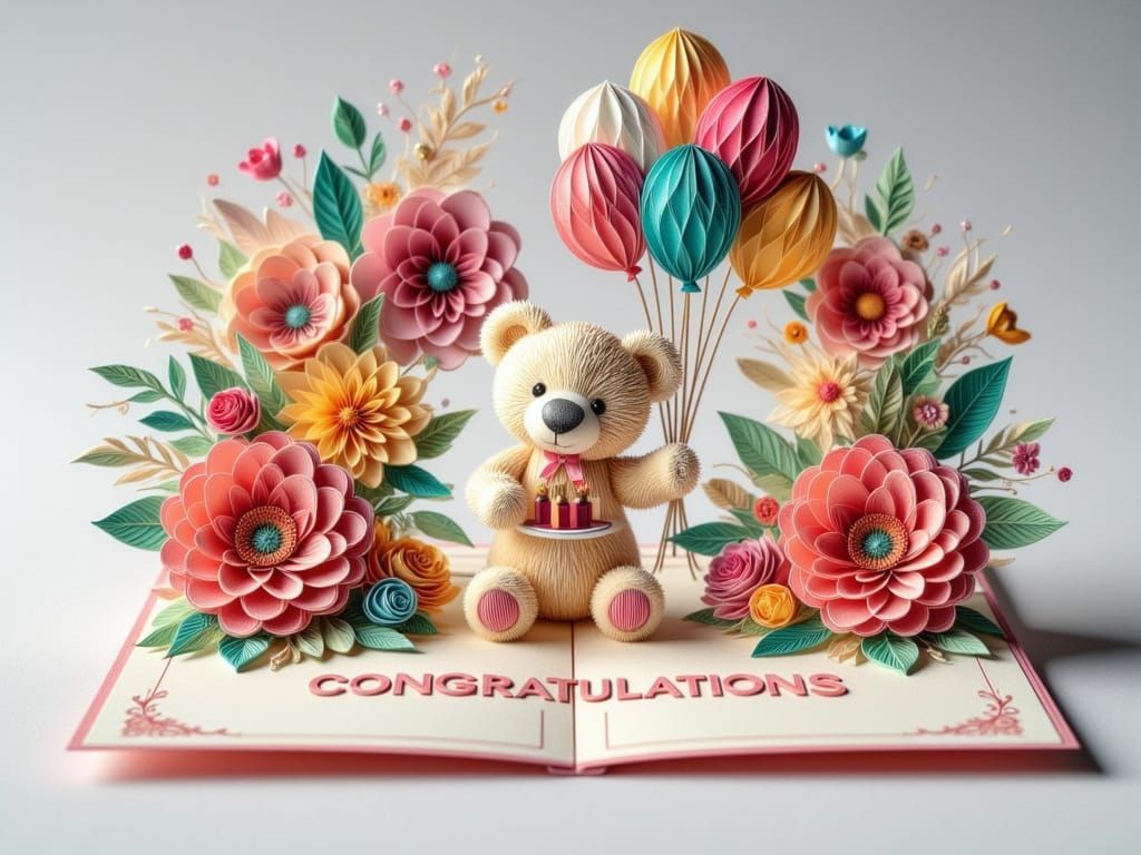 and elegant, bold text "CONGRATULATIONS" on a pop-up postcard A 3D quilted origami paper art in birthday style, decorated with flowers and A...