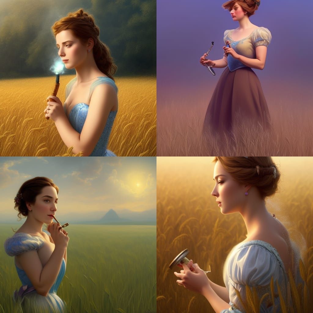 Cinderella smoking a pipe in a wheatfield