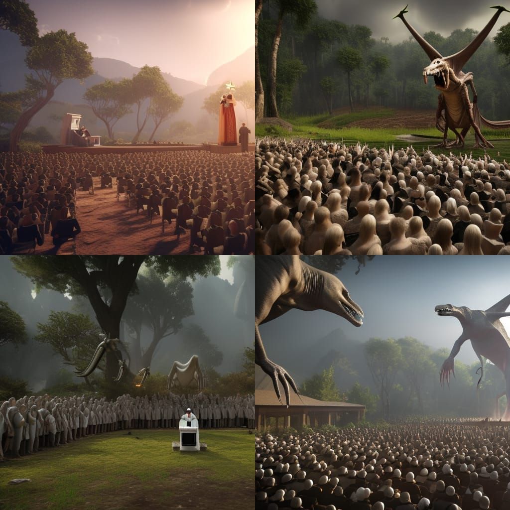 pope delivering a sermon to a crowd of tyrannosaurus pteroda...