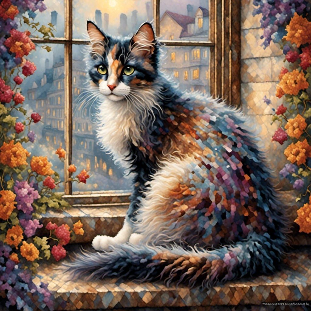 <lora:Tapestry:1.0> Fluffy long hair calico kitten, long whi...