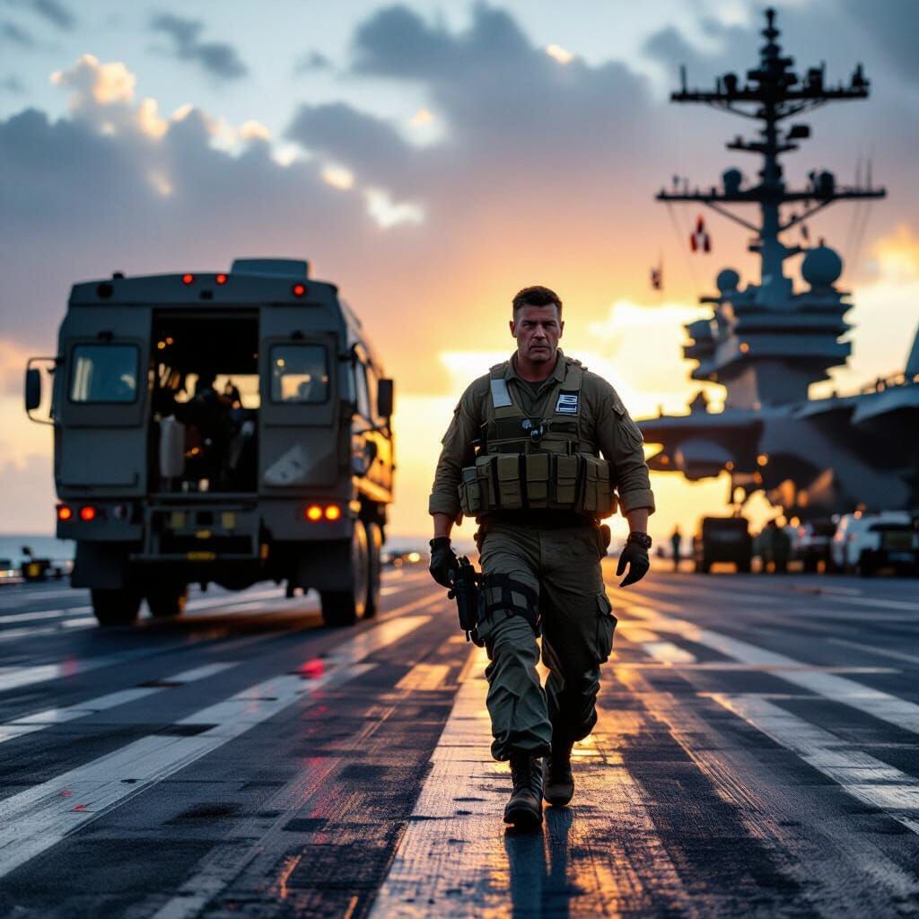 Flight deck of an aircraft carrier as Master Sergeant Bubba walks up to a military transport. 