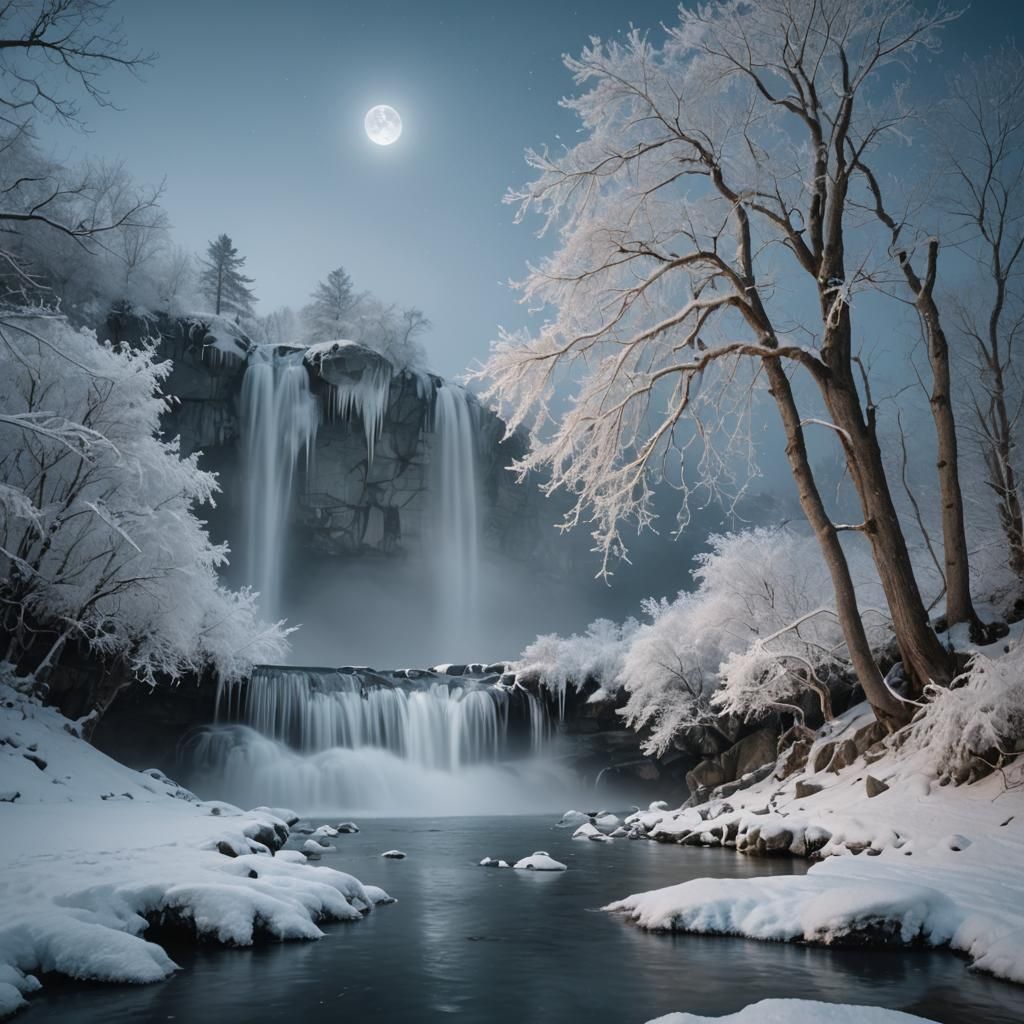 a moonlit night winter landscape, blue color, Bokeh, the waterfall, fog over the lake, insanely detailed ...  by @Nednut4362
