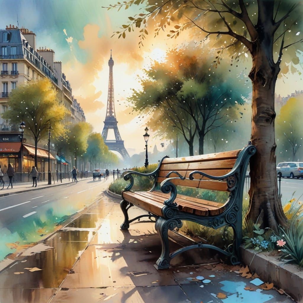 Eiffel Tower Bench in Impressionist Style