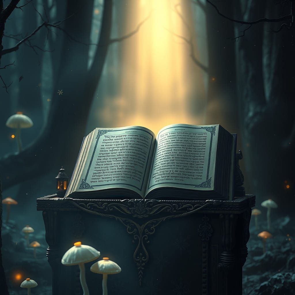 Ancient Tome Illuminated by Ethereal Light in Mystic Forest