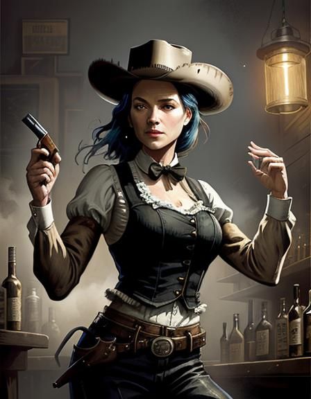 portrait SALOON waitress DANCING, PISTOLS, wild west, light dust, wet ...