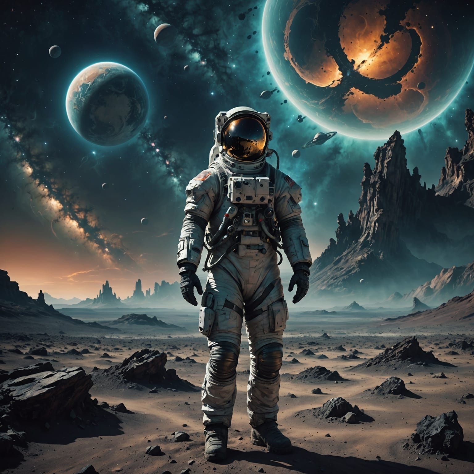 A lone astronaut stands on a desolate alien planet, gazing up at a swirling nebula in the night sky. ...  by @TAPUZ KATOM