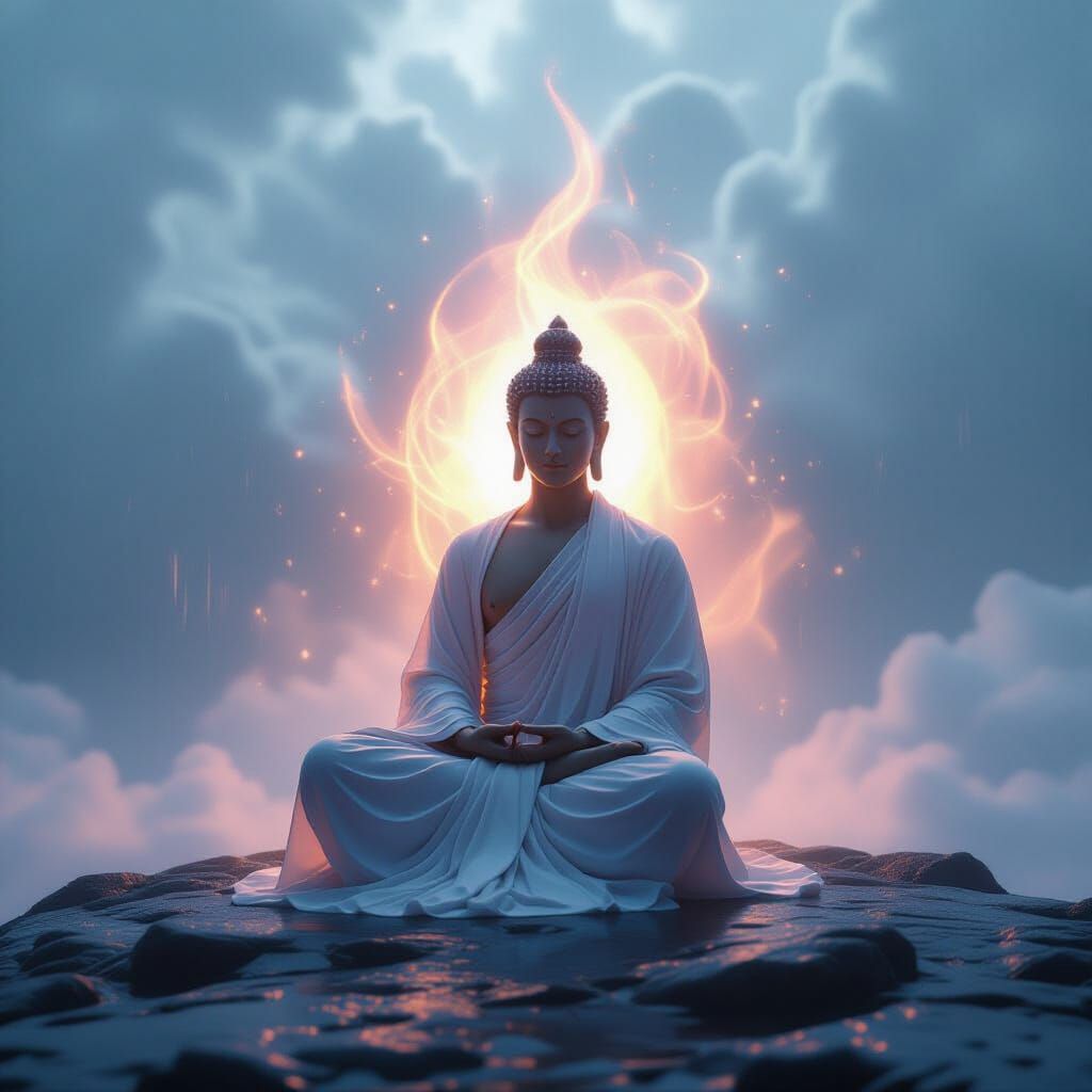 Contemplative glowing and iridescent human Buddha meditation on a rock in a lightning shinning as a storm of ligth