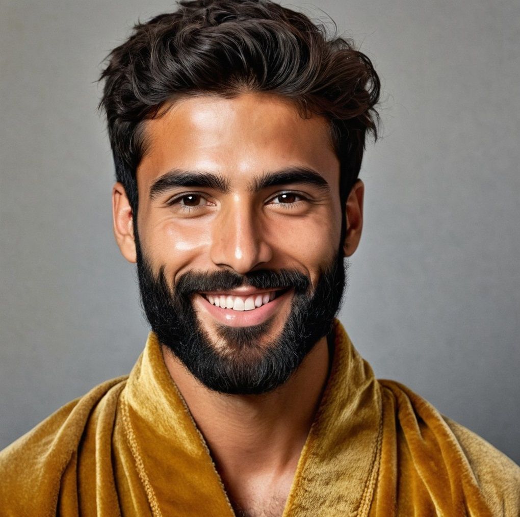 A handsome  bearded man   wearing a    golden velour bathrob...