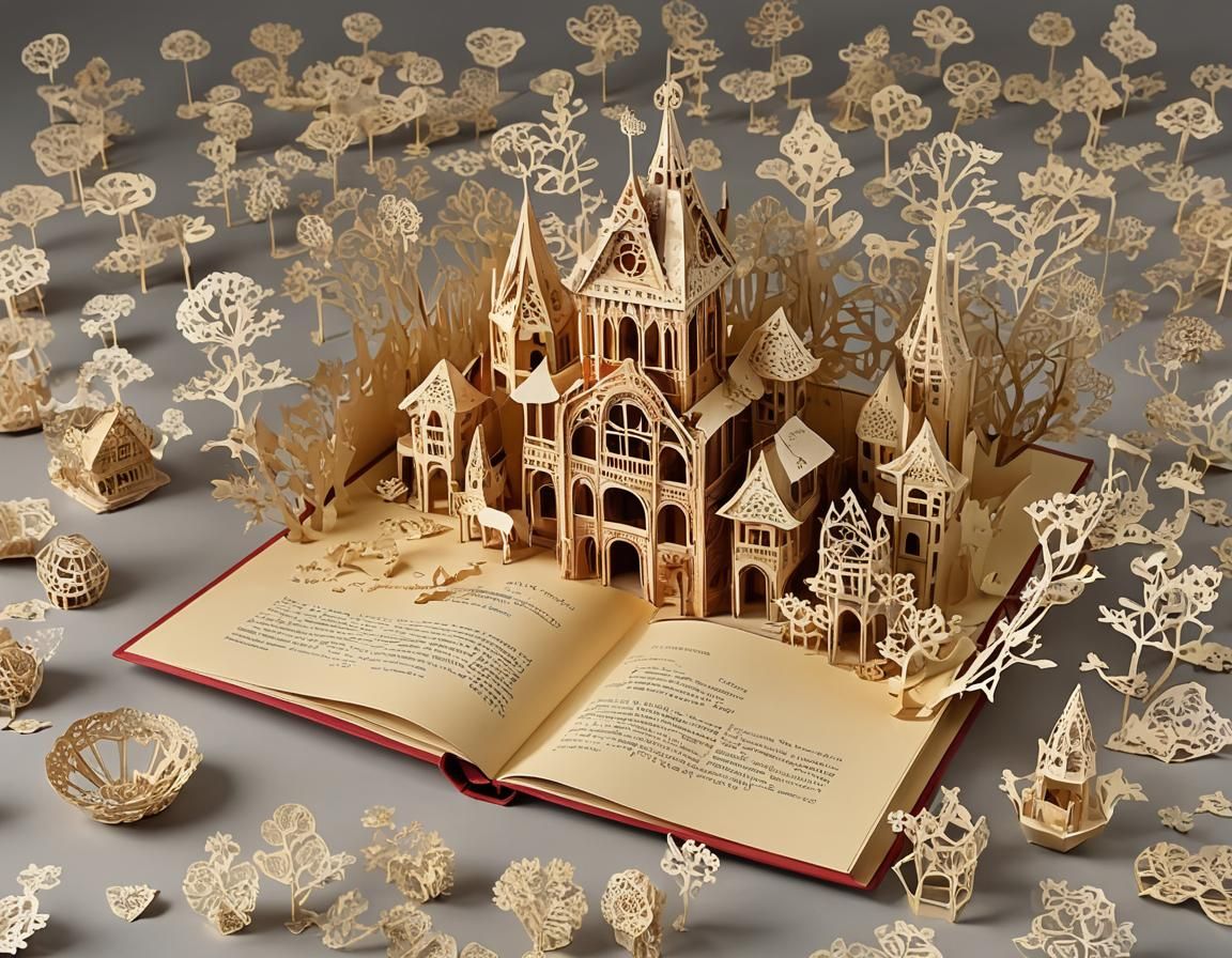 Popup book in a forest of papercrafts