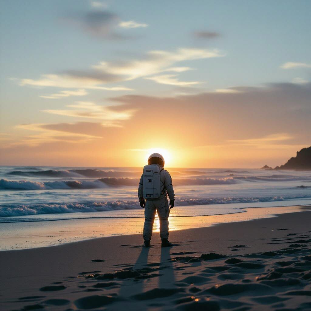 Astronaut on Alien Beach at Sunset: Film Photo
