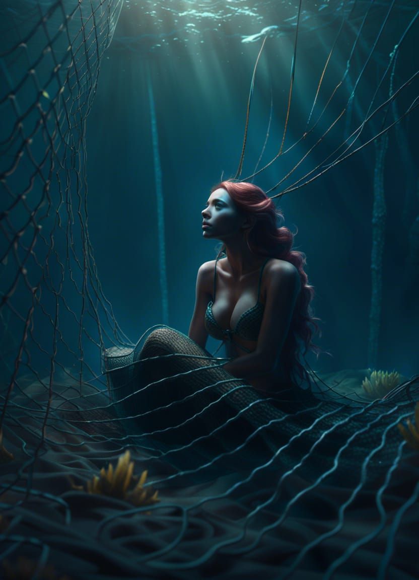 Fantasy - mermaid trapped in a fishing net - AI Generated Artwork