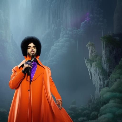 prince with purple hair wearing a long dark coat  and singin...