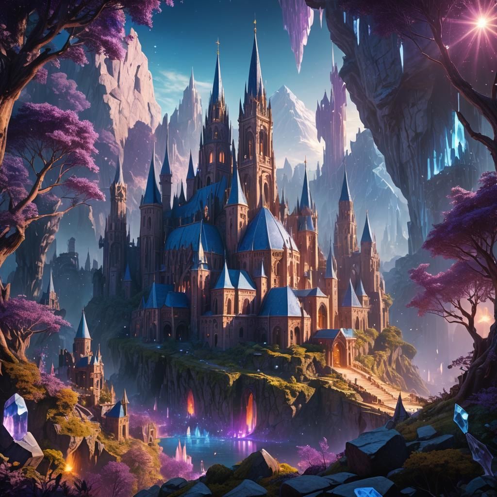 Epic Fantasy City Between Glowing Crystals