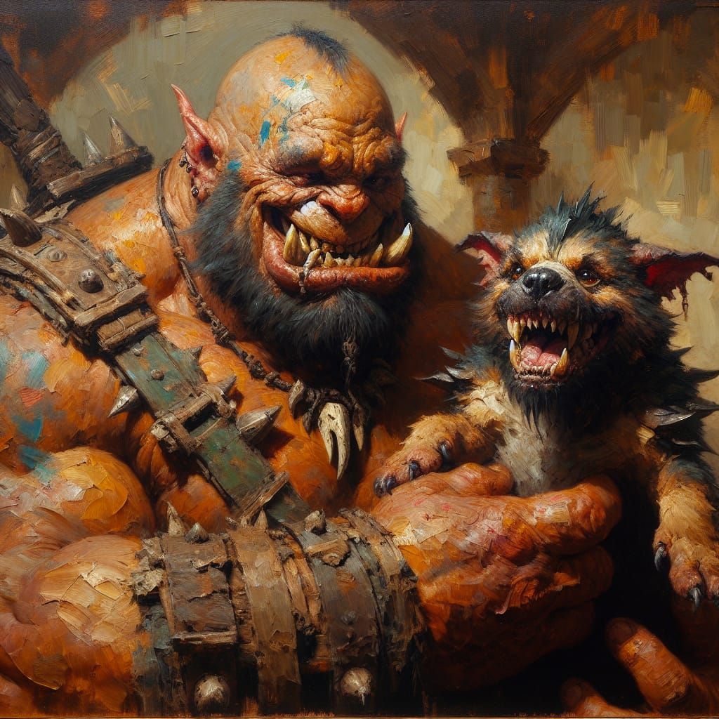 Orc Warrior Gently Pets Tiny Hellhound in Expressive Oil Pai...