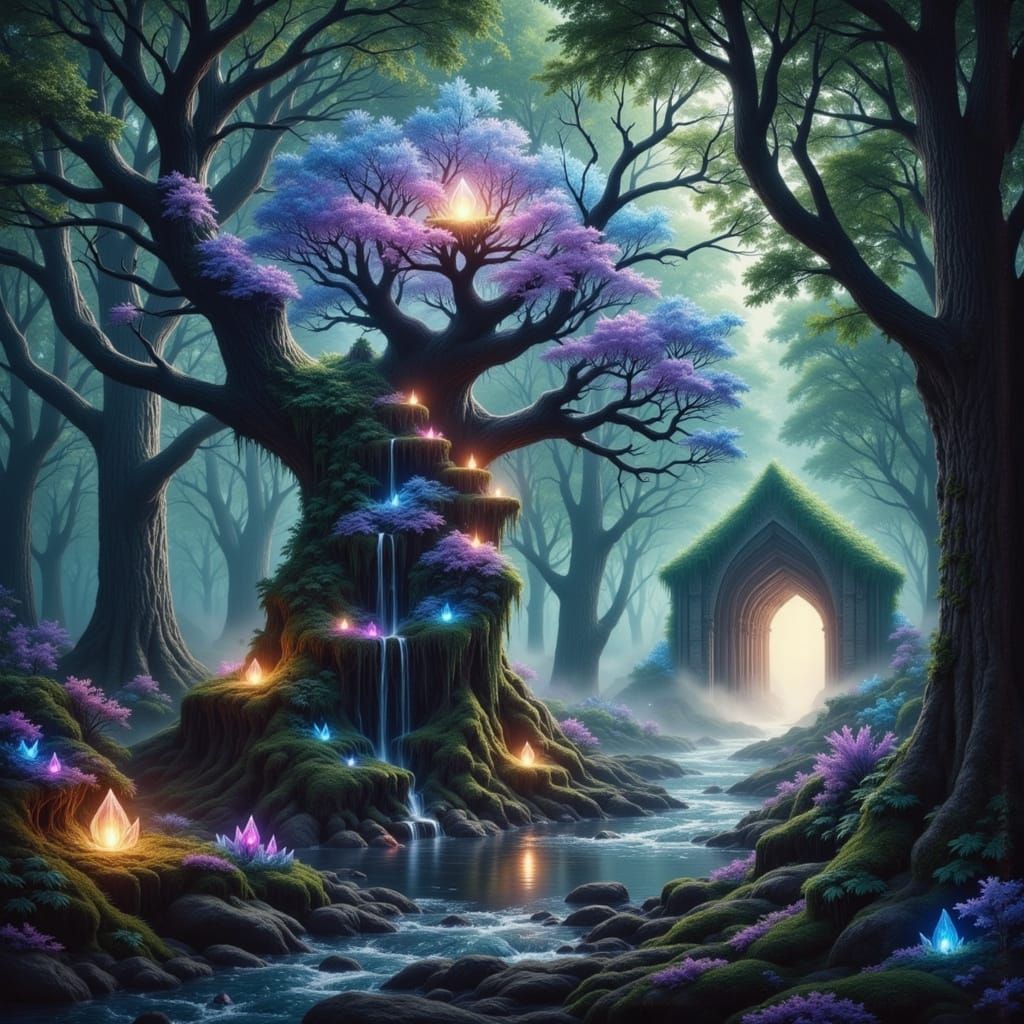 Mystical Forest Dawn with Ancient Trees and Magical Lights