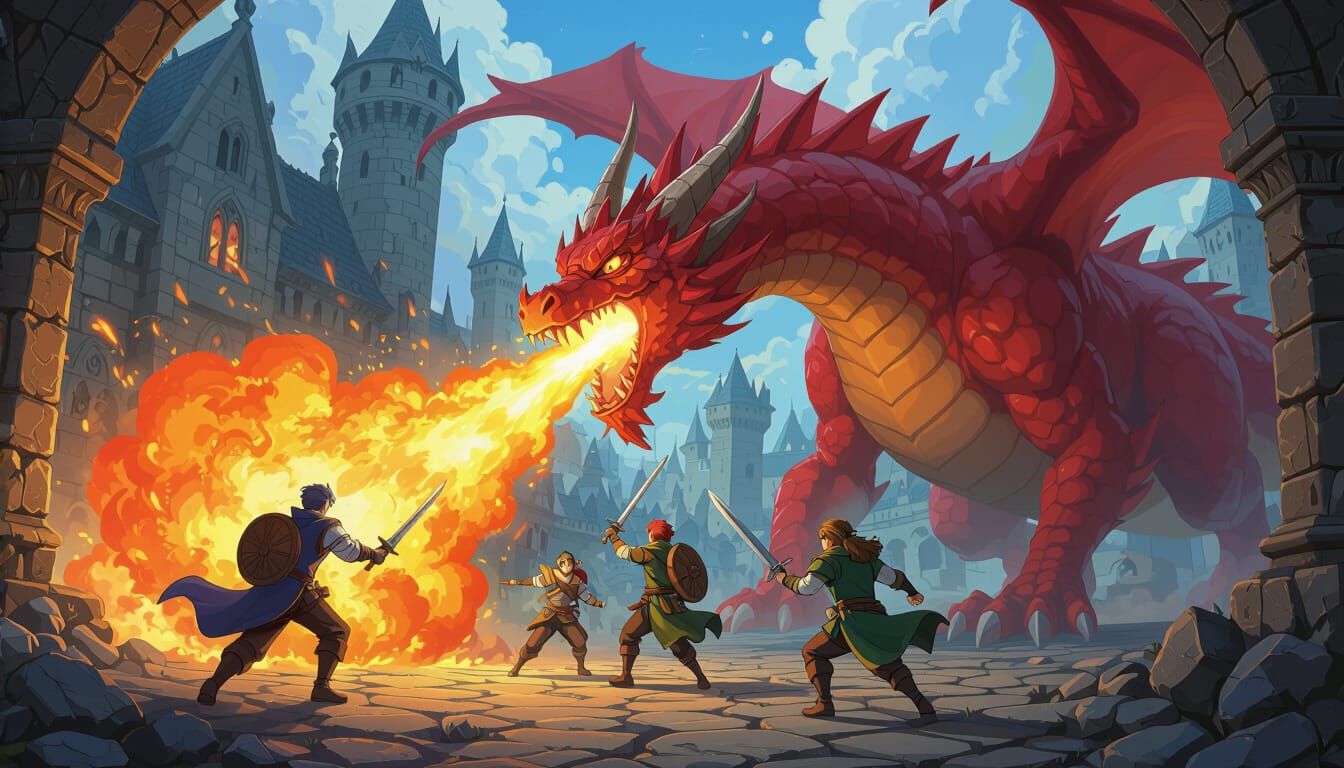 An anime scene of a red dragon breathing a fireball on 5 adventurers running away in a classic dungeon adventure. D&D. Anime. Classic. Medie...