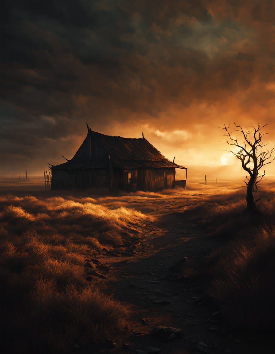 Ethereal Post-Apocalyptic Figure in Charred Landscape