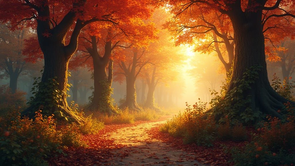 Golden Autumn Forest at Sunset: Digital Matte Painting