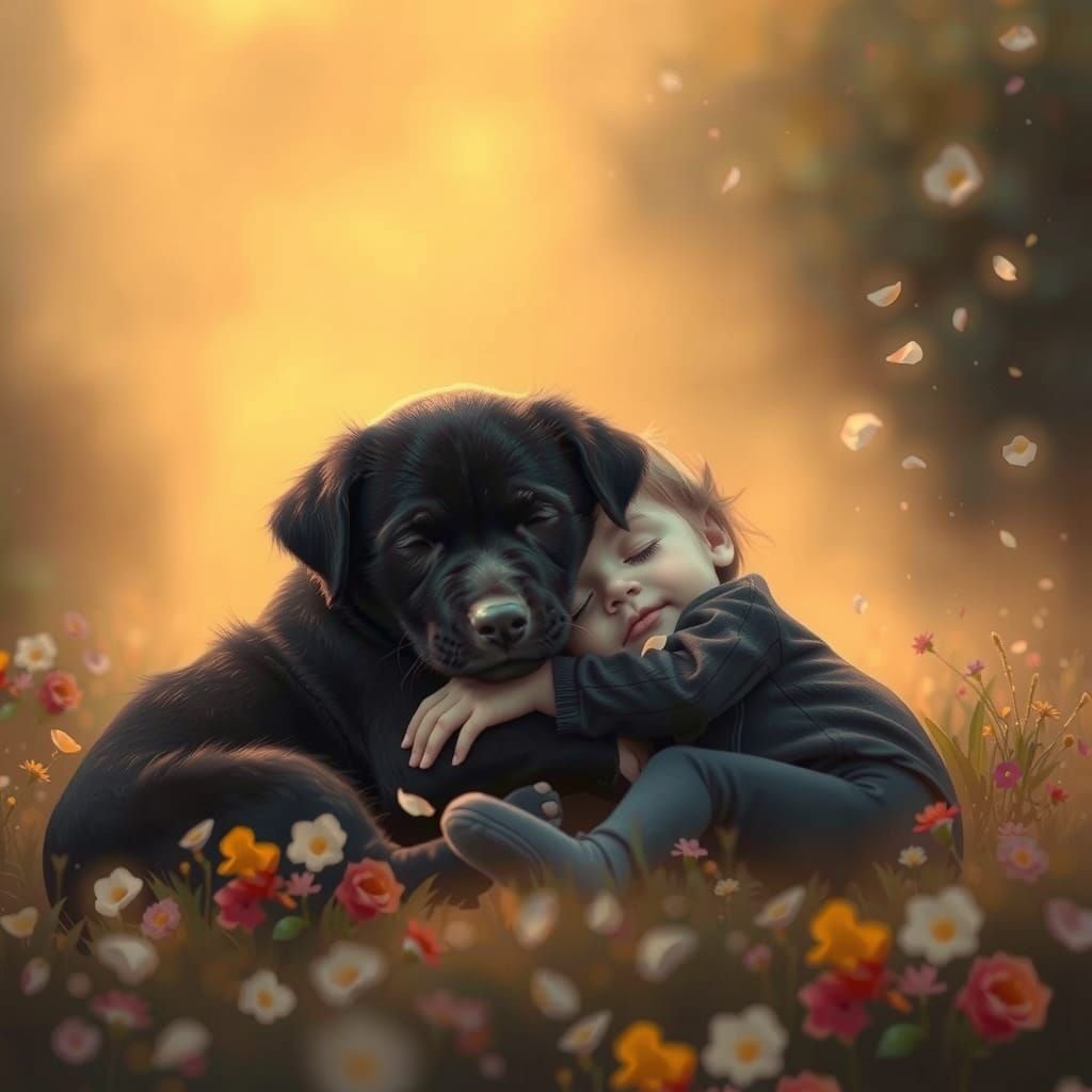 Focus Painting. Medium shot. Sweetheart (black Lab puppy and child) sleeping in a misty twilight garden. ...  by @Hani1