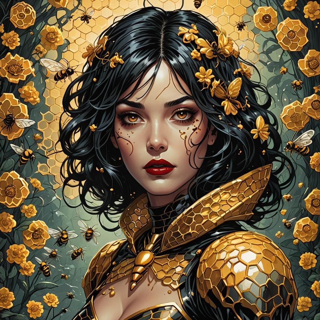Bee Lady with honey comb suit. Dripping honey. red lips. Bla...