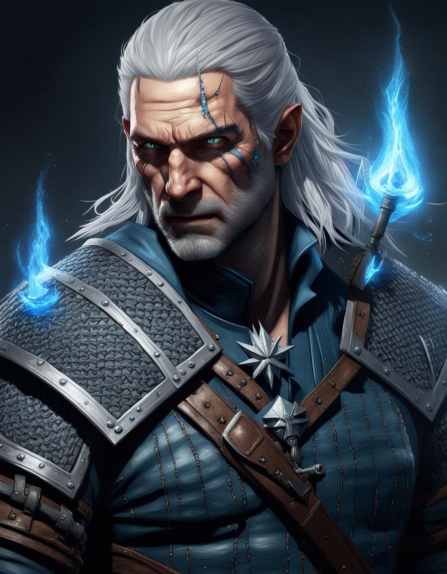 The Witcher Geralt of Rivia. Wearing blue and grey gear from the School ...