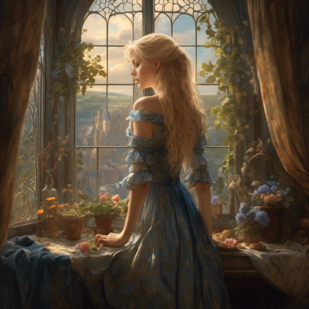 Woman in a blue dress looking out her tower window