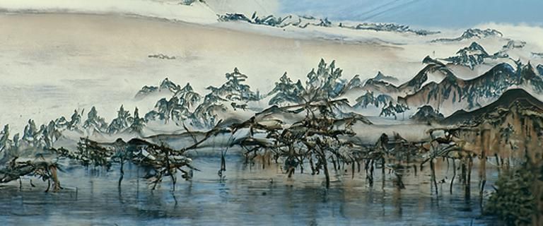 A beautiful Chinese ink wash painting of a river in a native...