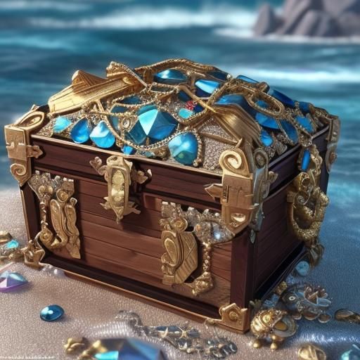 a pirate chest full of diamonds and jewels and gold washed u...