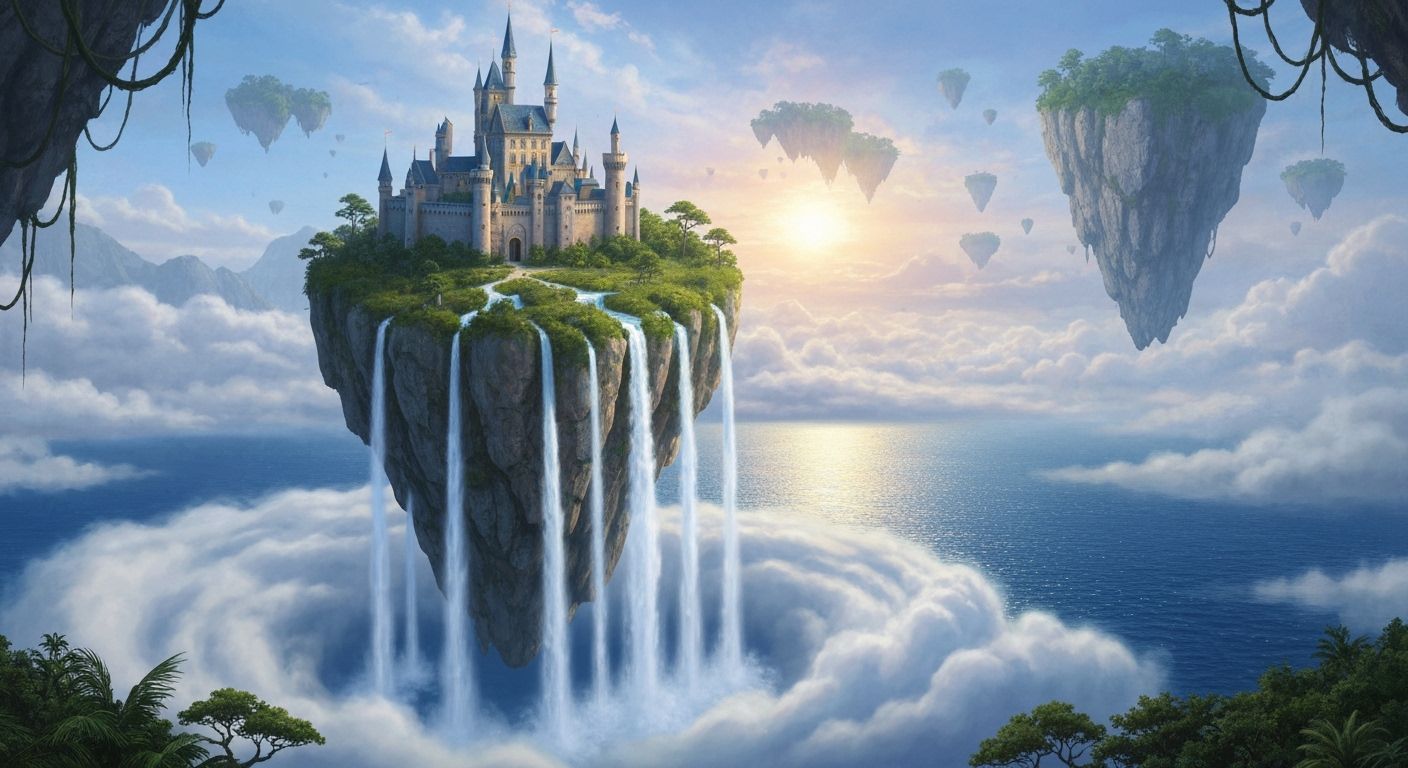 A castle perched on a floating rock with waterfalls spilling into the clouds