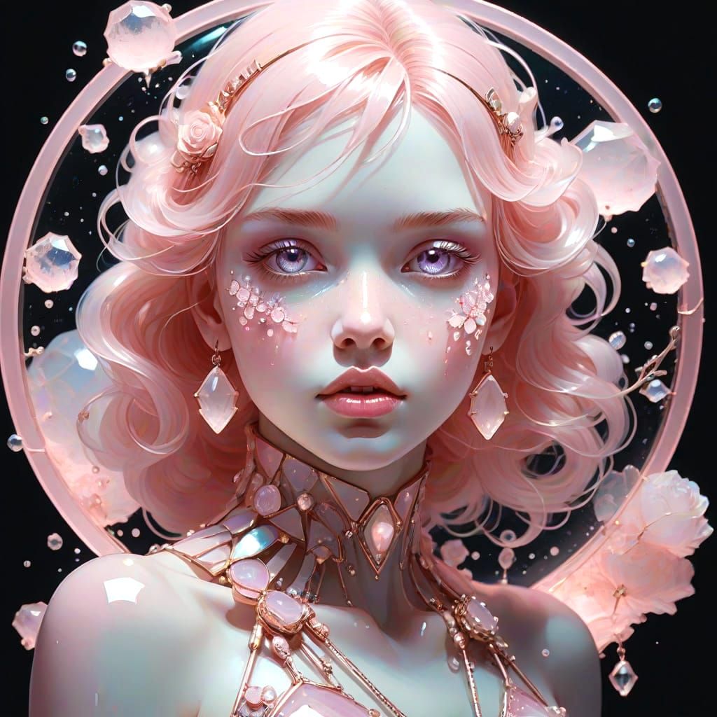 Surreal Rose Quartz Goddess in Mysterious Laboratory Glow