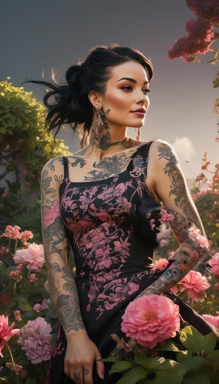 pirate tattooed girl, raven on her arm, beautiful, smiling, white teeth pink dress with flowers 