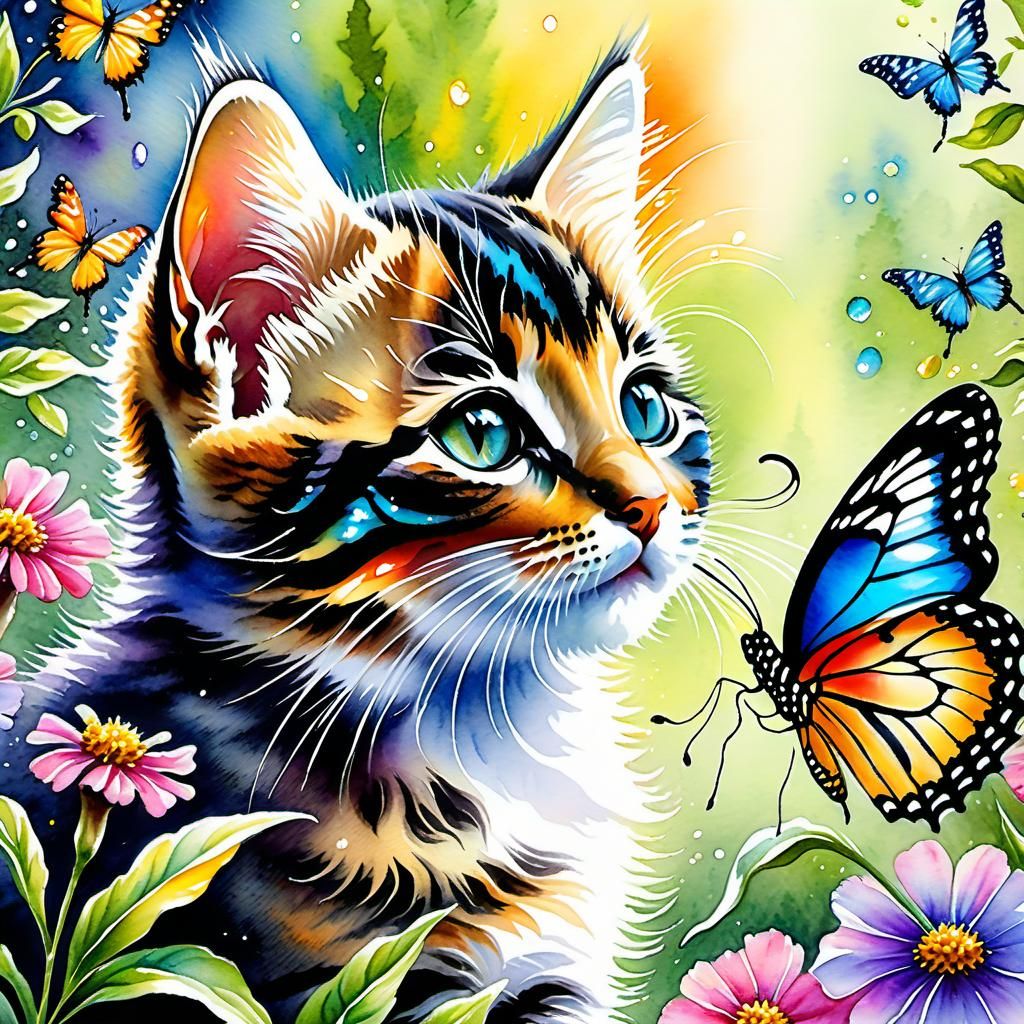 Kitten and butterflies