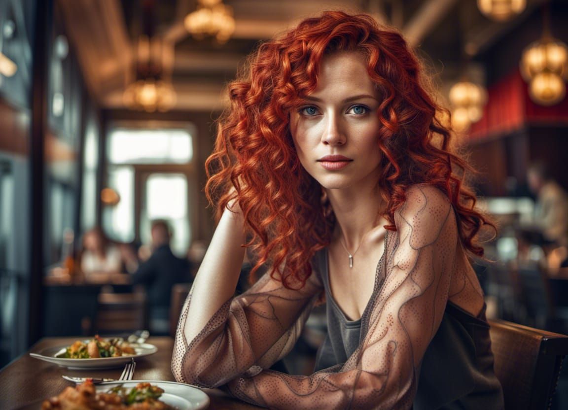 beautiful female in restaurant, curly red hair, pretty features, pretty face, long legs, intricate details, ...  by @Little Red Fox
