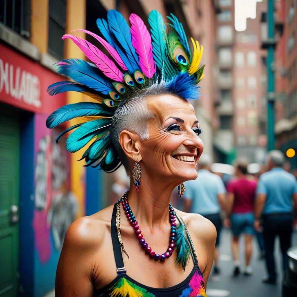 Vibrant City Street Portrait of a Woman with a Multicolored ...