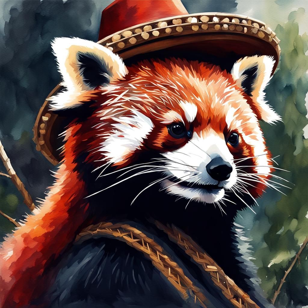 Red Panda with Sombrero in Watercolor Style