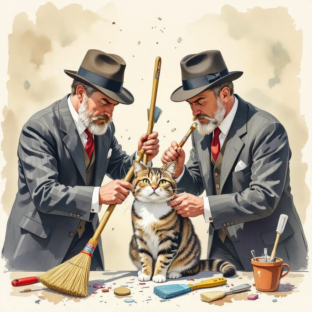 Men Cleaning a Cat's Face in Watercolor Style