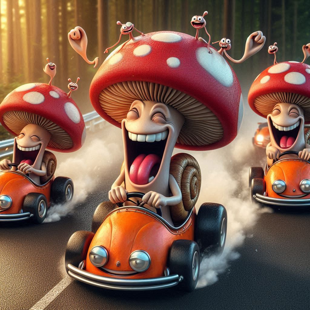 the crazy mushroom races in a car in the shape of a snail and beats the other participants laughing madly