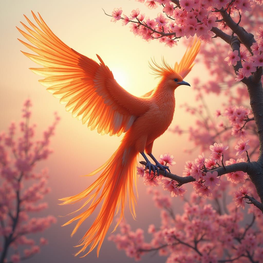A majestic phoenix soaring above a vibrant, blooming cherry blossom tree, its feathers shimmering with ...  by @tamar coll
