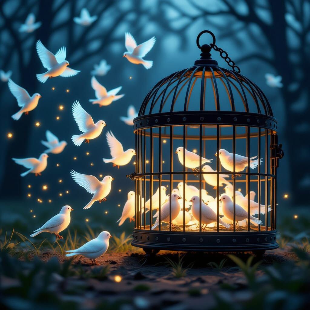 A flock of glowing birds escapes from an open cage