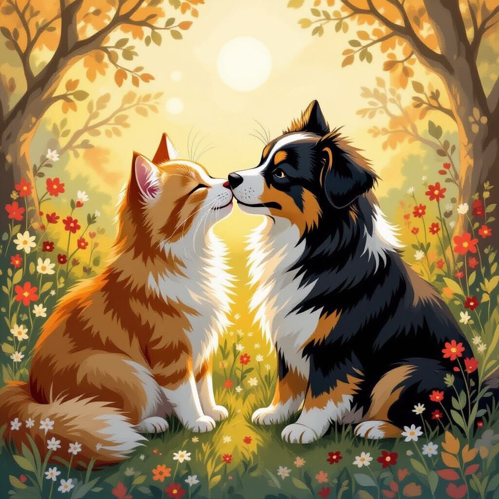 Cat and Dog Kissing in Beatrix Potter Style