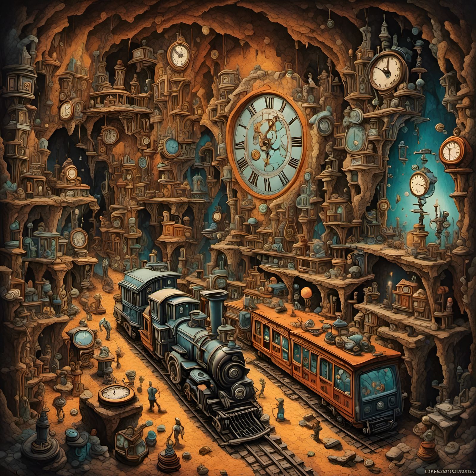 <lora:Incredible Color:1.0> cave of time with clocks on the wall and small trains with midgets 
