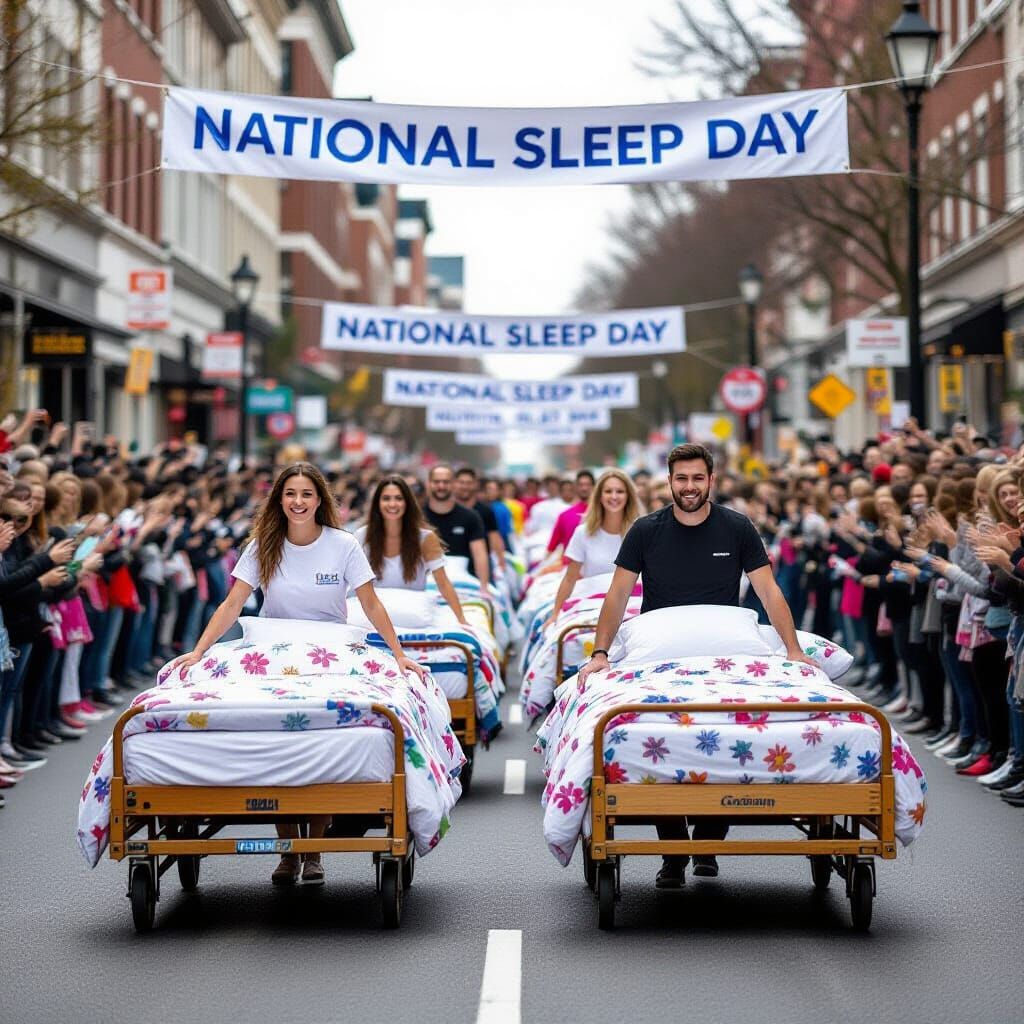 A parade of people pushing beds down a street with banners h...