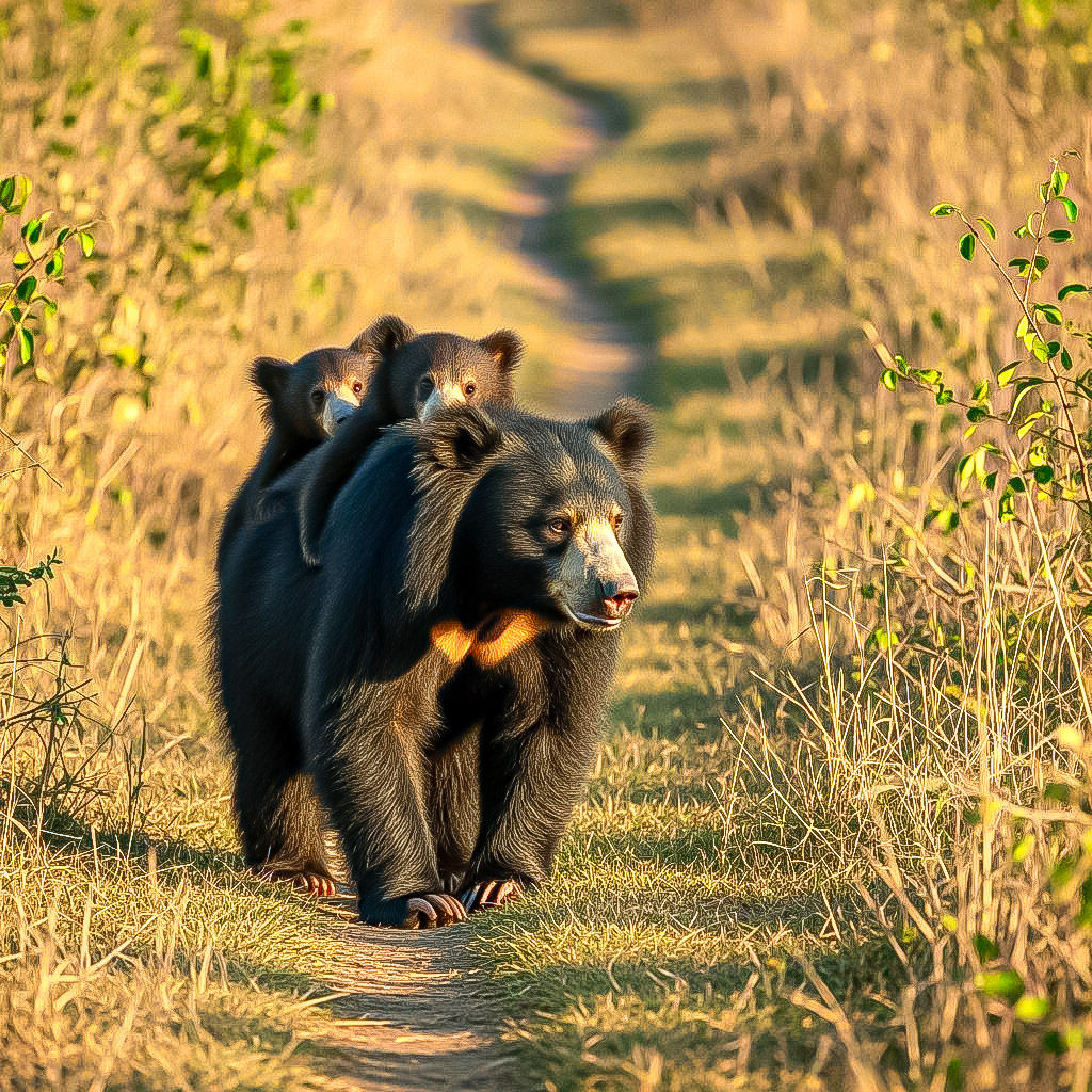 Mother Sloth Bear Carrying Cubs (3 Images)