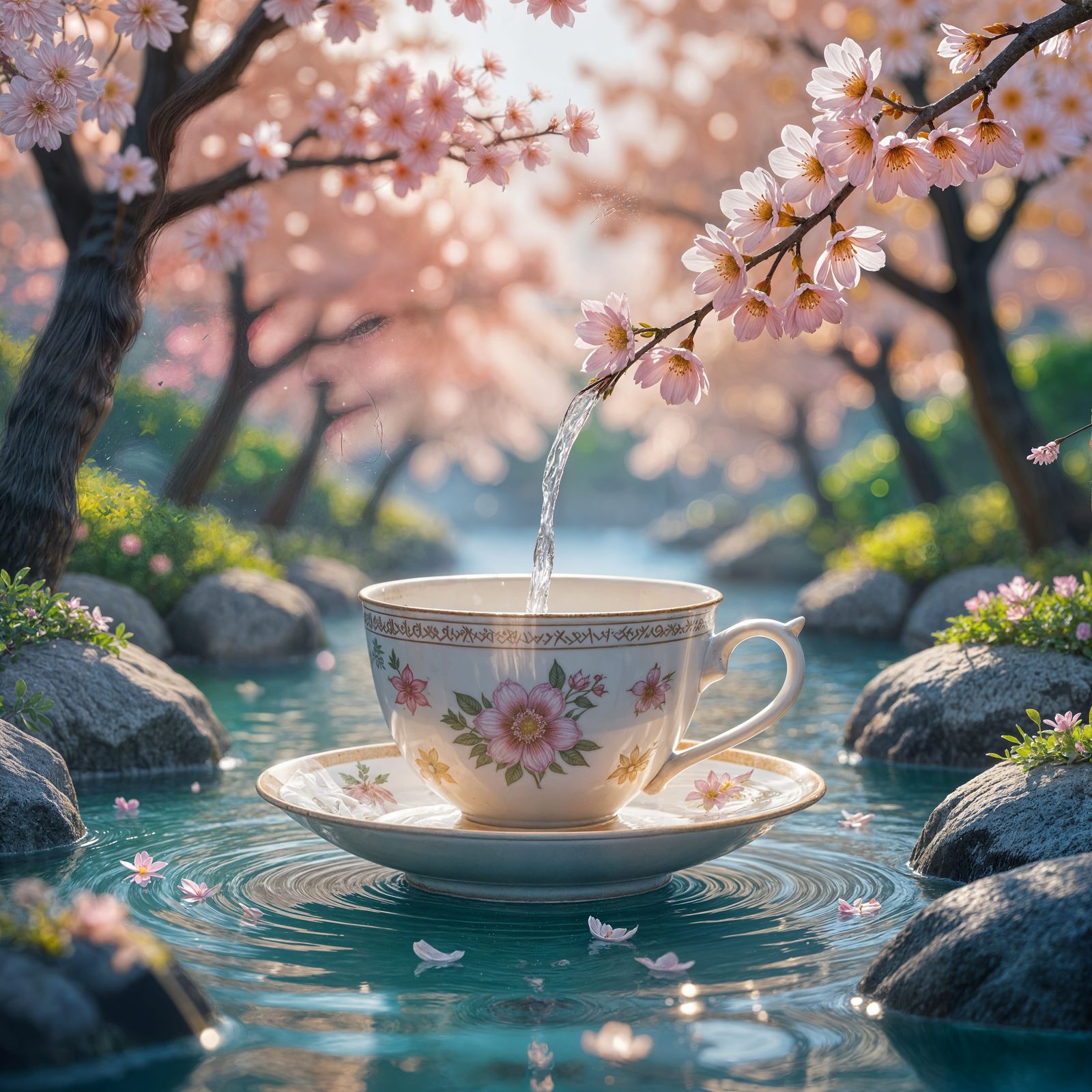 Chinese Porcelain Fountain in Cherry Blossom Garden