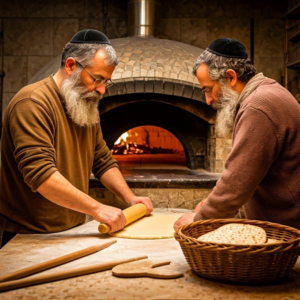 Traditional Jewish Bakers Craft Matzah in Cozy Bakery Settin...