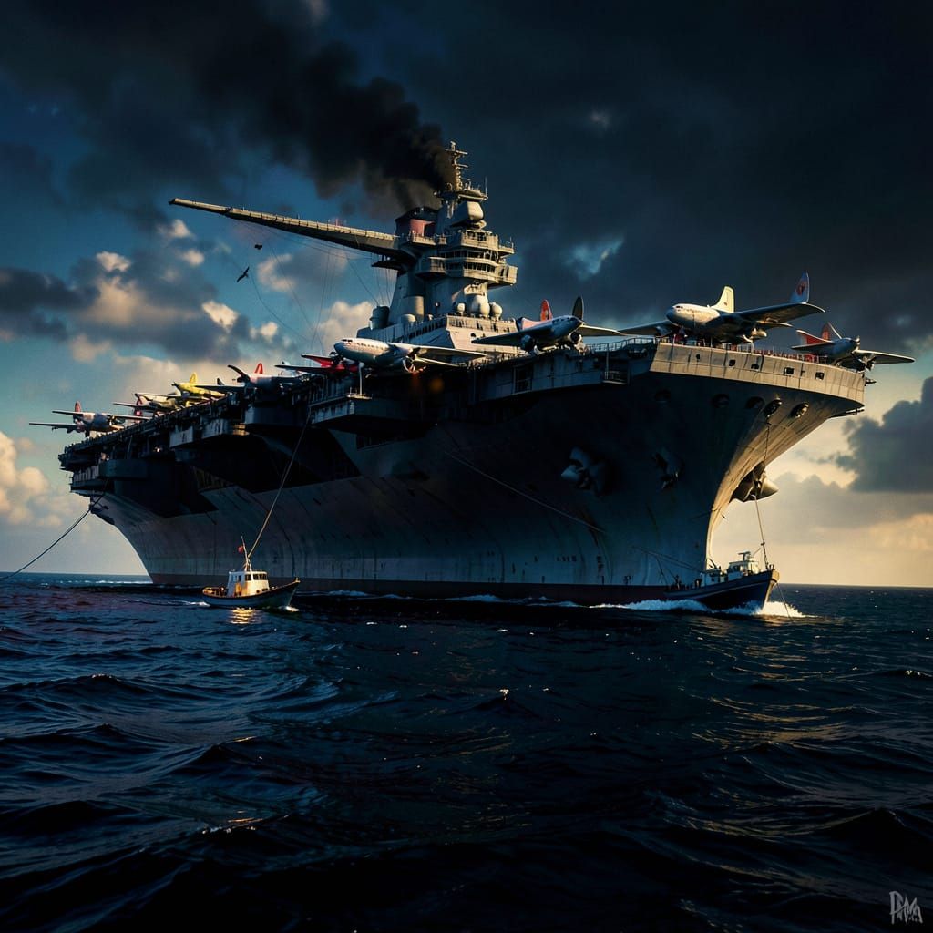 Giant Aircraft Carrier Towed by Tiny Boat