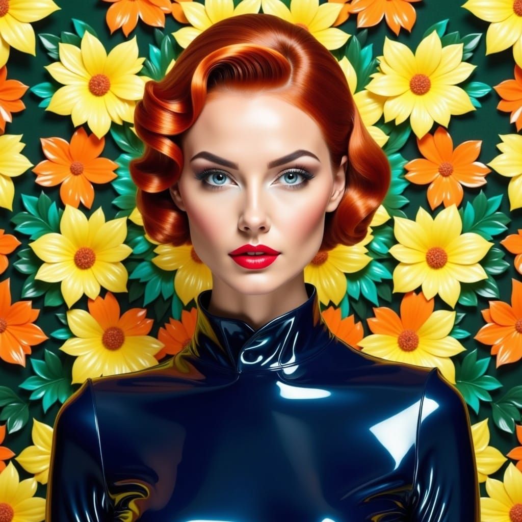 <lora:kaleidoscopeFlux:1.0> Art deco woman with ginger bun hair, blue eyes, and red lips, wearing a dark blue, shiny latex coat ,on a kaleid...